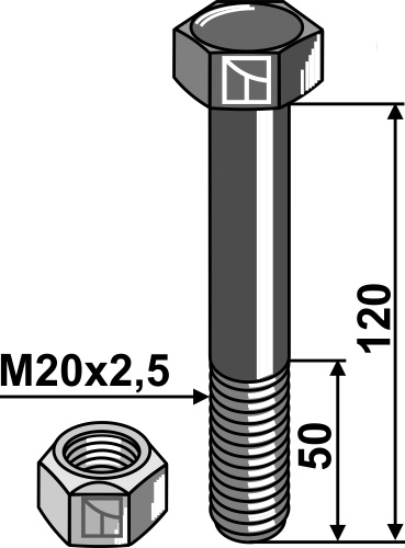 Bolt M20 x 2,5 x 120 + låsemøtrik